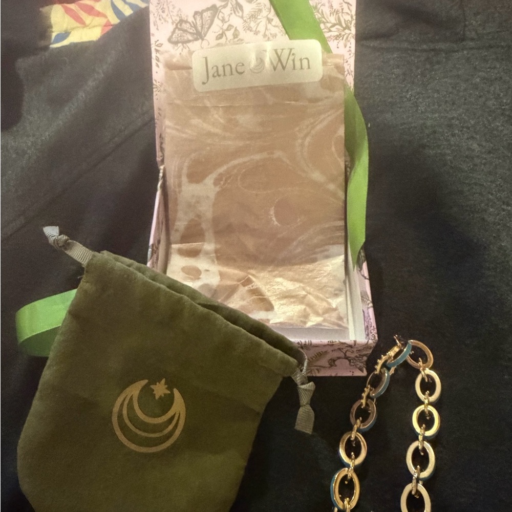 Jane Win Gold and Turquoise 16” Chain Necklace with Olive Velvet Pouch